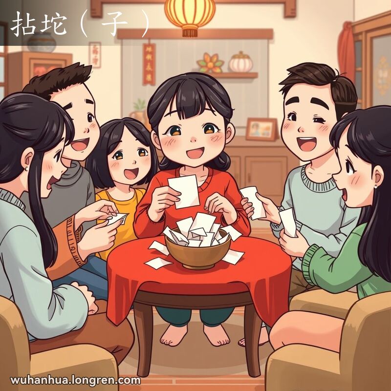 一群朋友围坐在桌旁抓阄儿，背景是温馨的武汉家庭环境