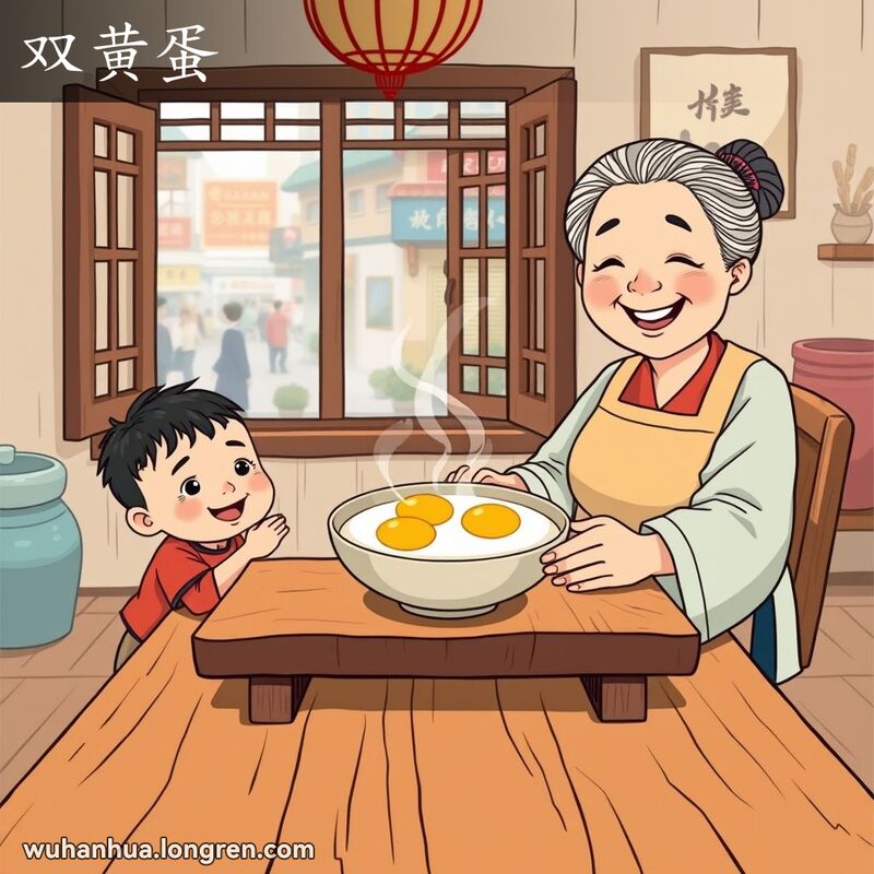 一位奶奶在厨房里端着一碗双黄蛋递给孙子，背景是武汉街景