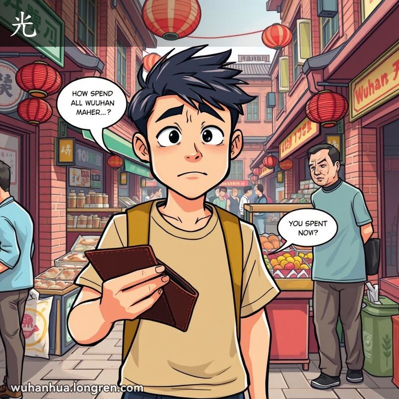 一位年轻人在武汉街头市场手持空钱包，脸上露出懊恼和失望的表情，旁边的摊贩露出同情的表情。