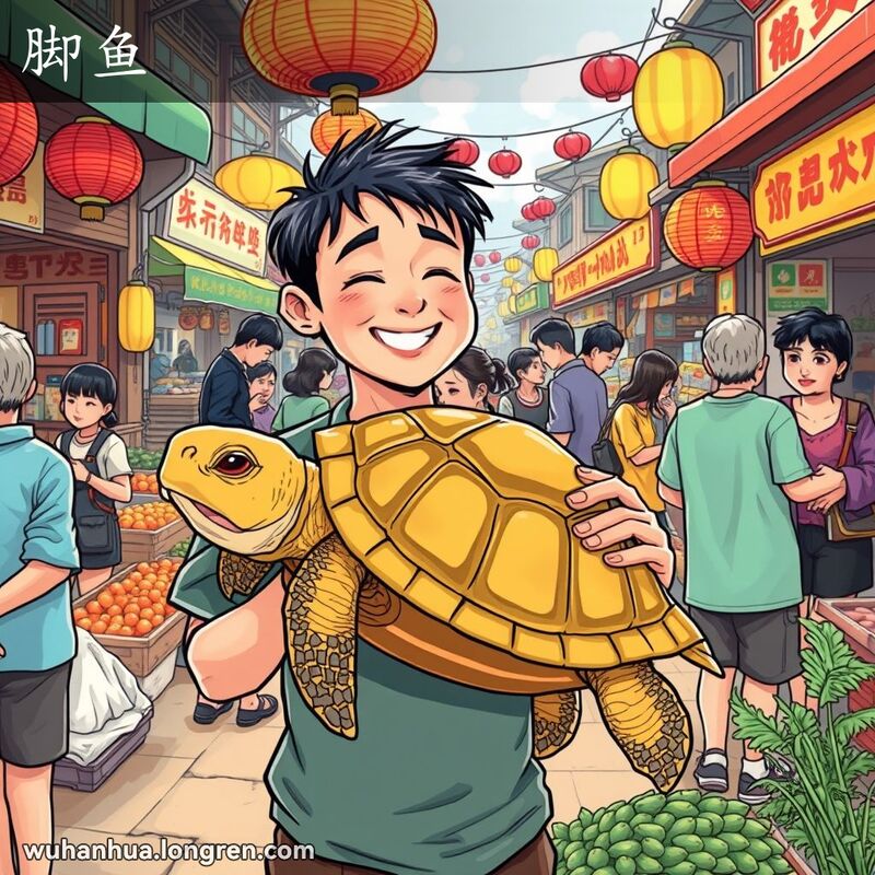 一位武汉摊贩在市场上展示一只活的软壳龟，背景是繁忙的市场摊位和围观的顾客。