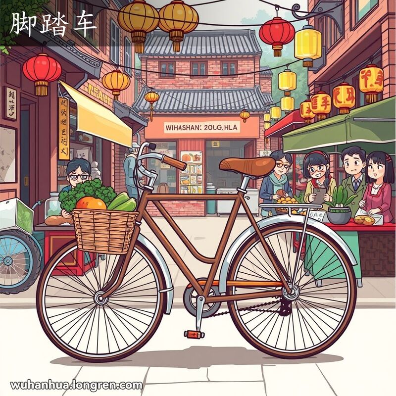 一辆老式自行车停在武汉老街前，车篮里装满蔬菜，背景是热闹的街市和红砖墙