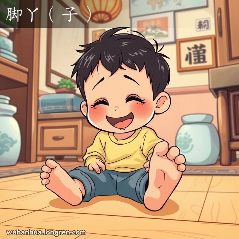 一个孩子坐在地板上，笑着试图挠脚，表情有趣又不适，背景是温馨的武汉家庭场景