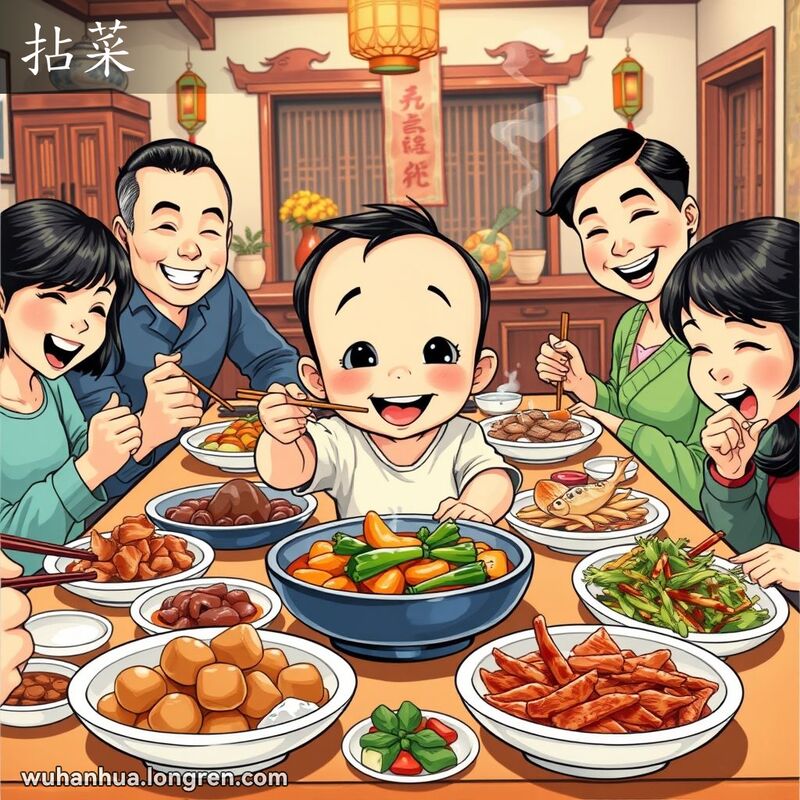 一个小孩在家庭晚餐桌上用筷子夹菜，周围的大人微笑鼓励，背景是传统武汉家庭装饰