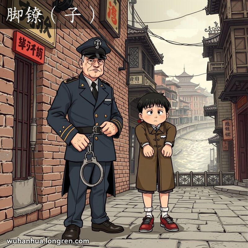 一位警察站在戴着脚镣的犯人旁边，背景是武汉老街景