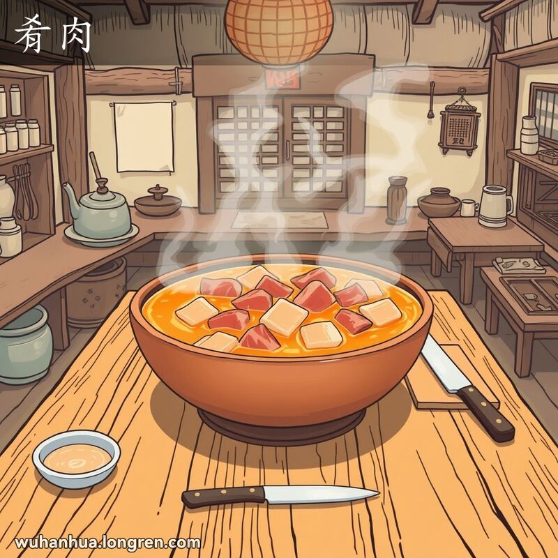 一大碗热气腾腾的肉冻摆放在传统武汉厨房的木桌上，肉块透过清澈的凝胶汤清晰可见，旁边放着筷子、切菜板和刀。