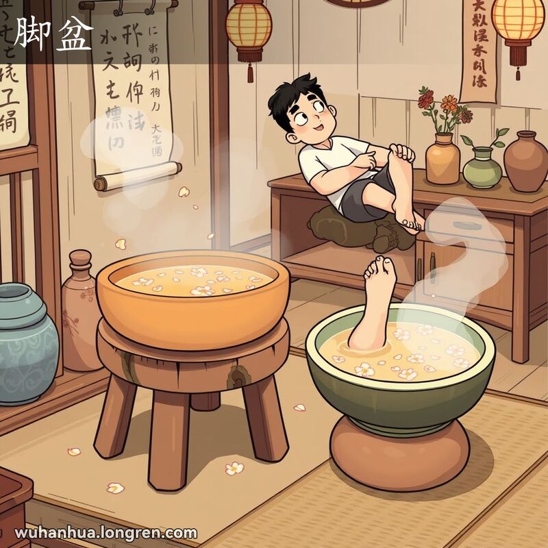 一个人在传统武汉家庭中用大脚盆洗澡，旁边有小脚盆，背景温馨