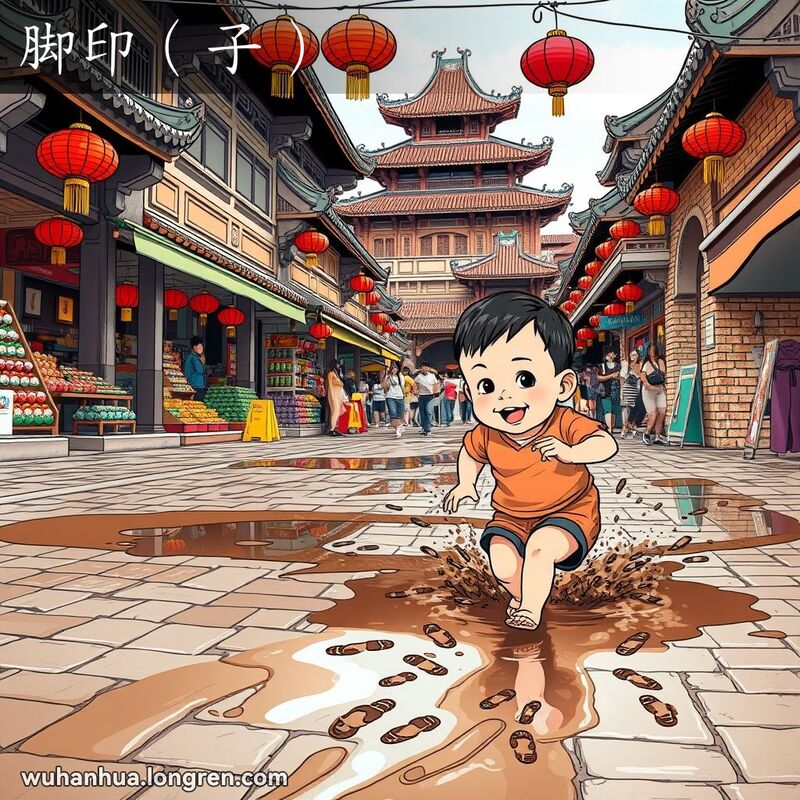 一个孩子在武汉街道上奔跑，踩过水坑留下脚印，背景是传统街景