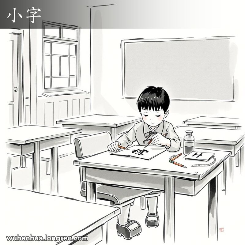 一位年轻学生在传统教室里专注地用毛笔书写小楷汉字，背景有木质课桌椅和黑板。