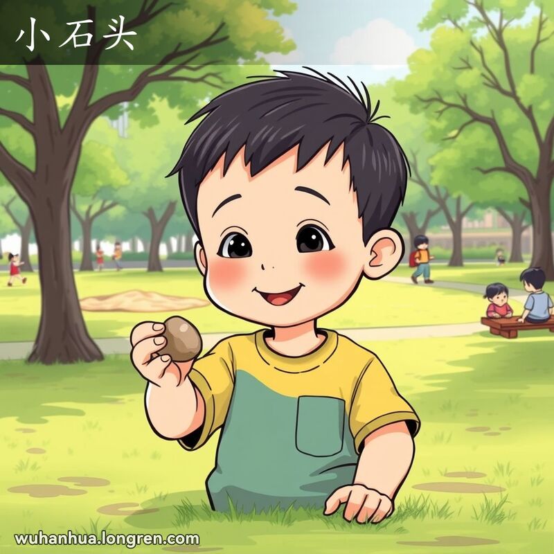 一位武汉小朋友在公园里拿着小石头玩耍，背景是绿意盎然的公园