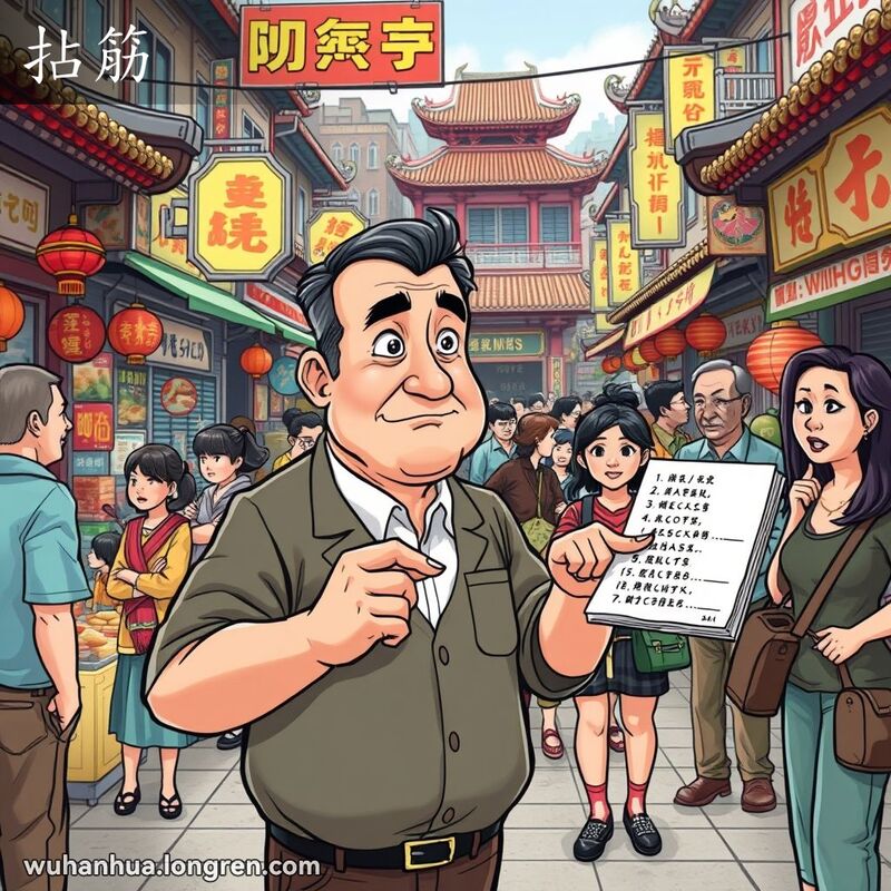 一位中年男子在武汉街头市场展示小本子上的内容，周围人们表情各异，背景是热闹的市场。