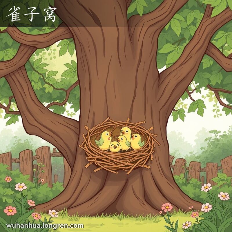 一棵大树上有一个小鸟窝，窝里有几只小鸟张着嘴巴等待喂食，周围是茂密的绿植和花朵