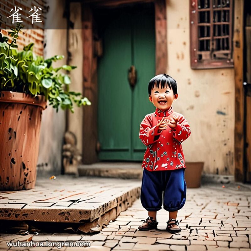 一个小孩在武汉传统庭院中嬉戏，用好奇的姿势指着自己的私处，表达“雀雀”的含义。