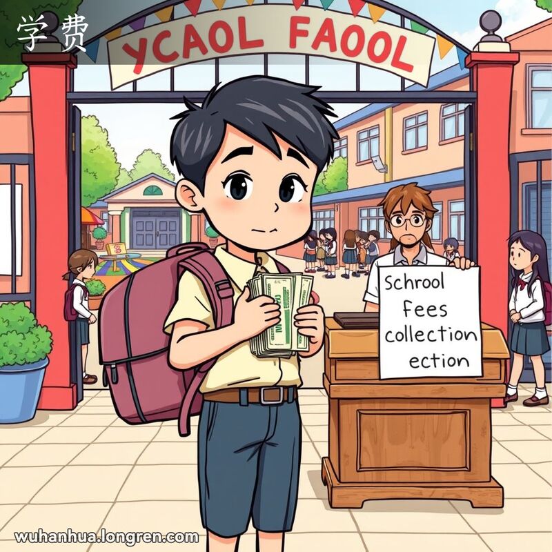 一位学生在学校门口交学费给老师，背景是校园环境