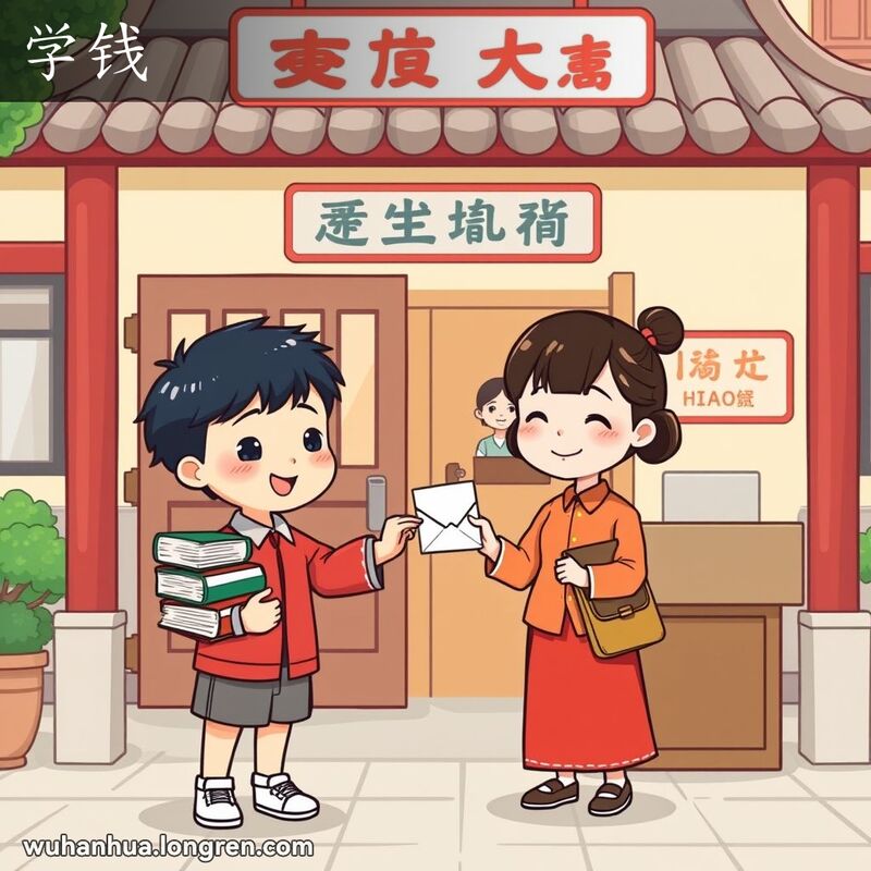 一位学生在校门前将学费交给老师，背景是传统中国学校建筑
