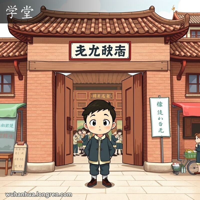 一个武汉小男孩站在传统学校门前，背景是红砖墙和瓦片屋顶的武汉老街景
