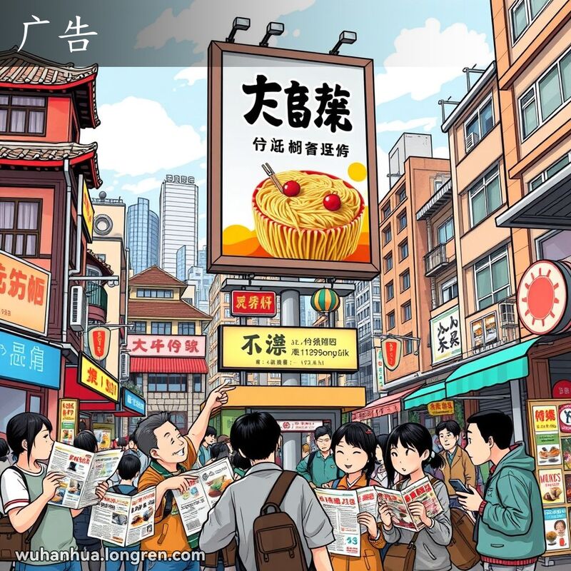 武汉市繁忙街道上，人们聚集在广告牌下讨论广告，背景是老旧和新式建筑混合的市场氛围