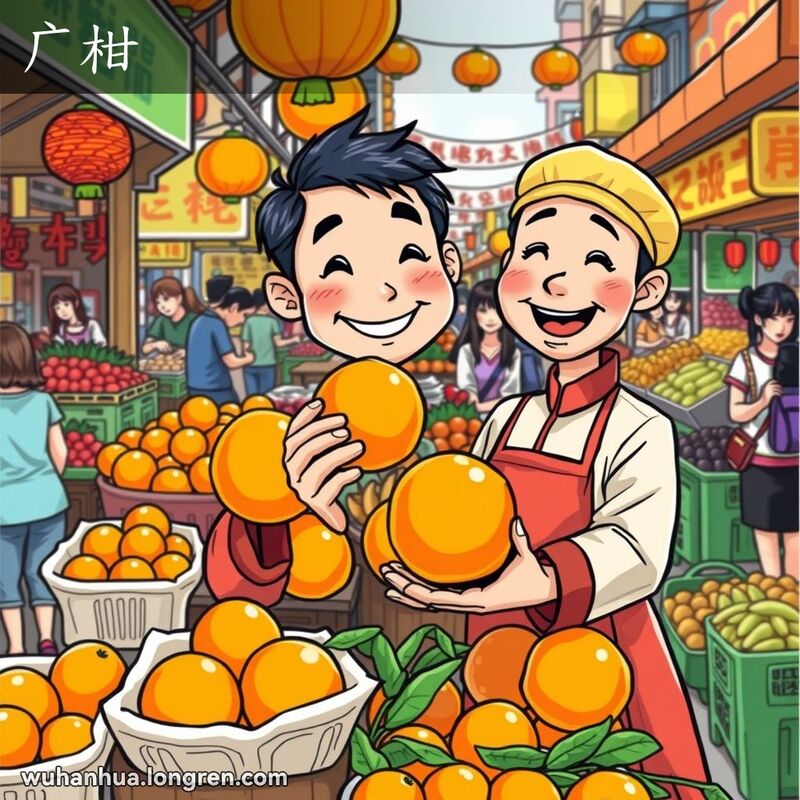 武汉街头市场场景，摊位上展示广柑，摊主手持广柑微笑，背景有其他水果摊位和忙碌的顾客。