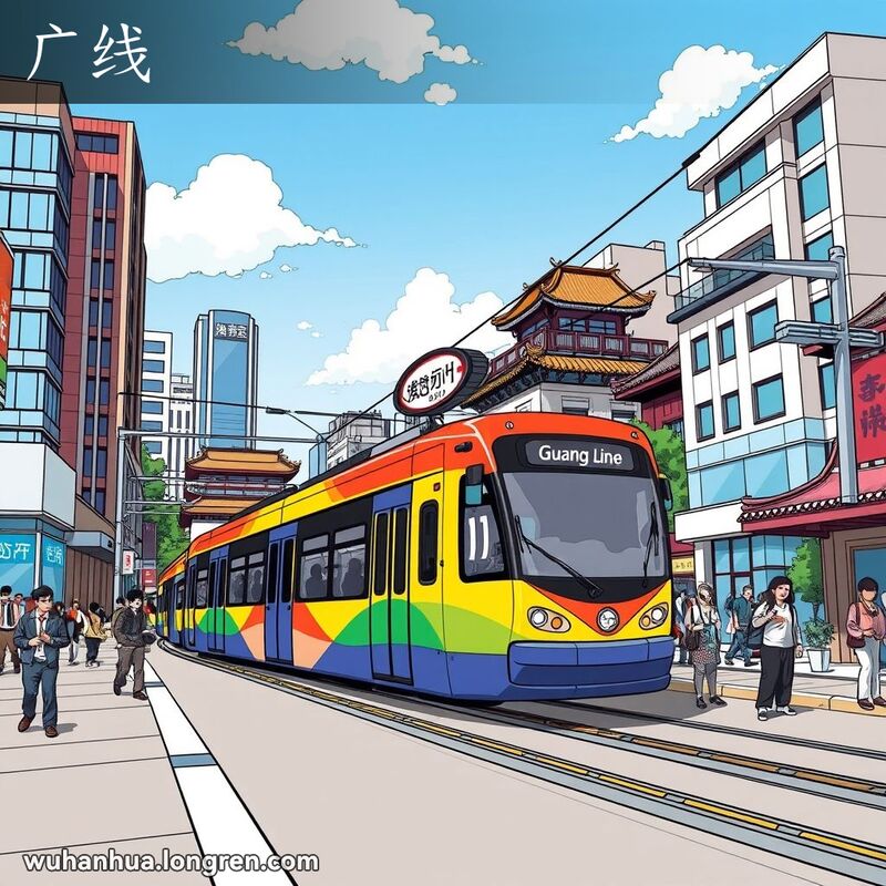 武汉市街道上有轨电车穿行，车身写着“广线”，背景是现代建筑和传统武汉建筑