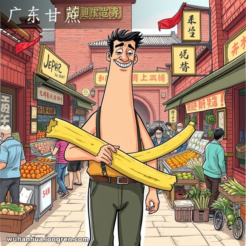 高大瘦长的男子在武汉市场手持又粗又长的甘蔗，背景是红砖墙和老式招牌