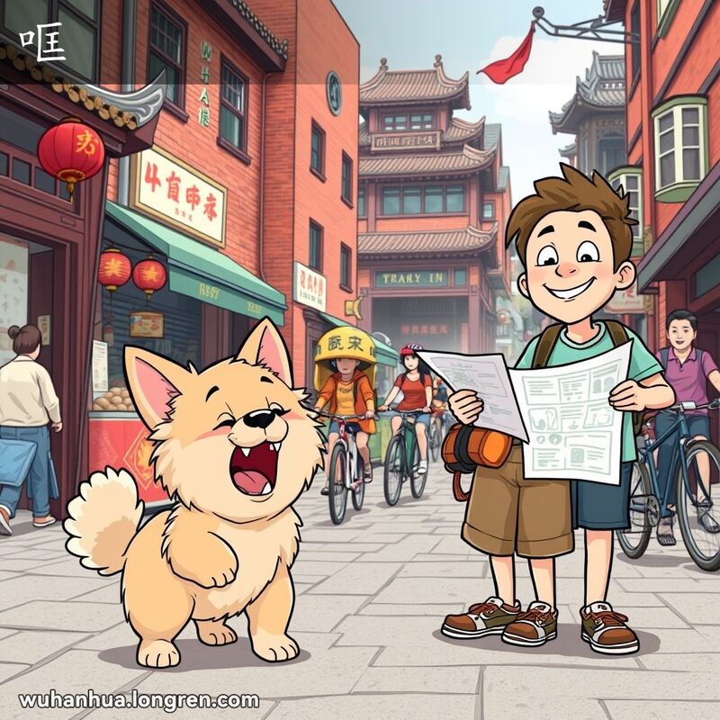 一只小狗在武汉老街上对着陌生人吠叫，背景有红砖墙和街边小摊。