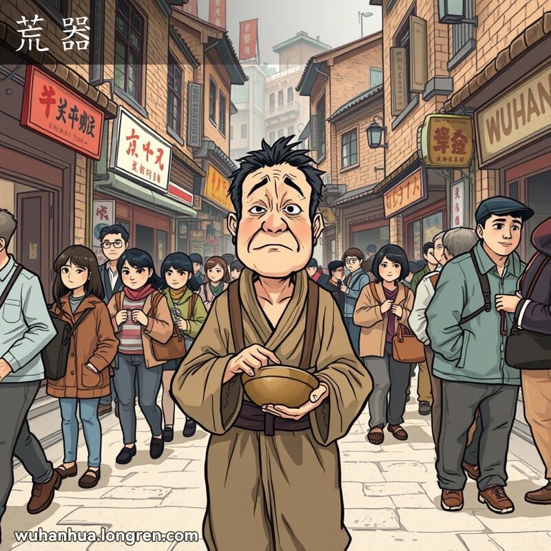 一位穿着破旧衣服的男子手持乞讨碗站在武汉老街上，神情谦卑可怜，周围行人或无视或给钱，背景是武汉老街景