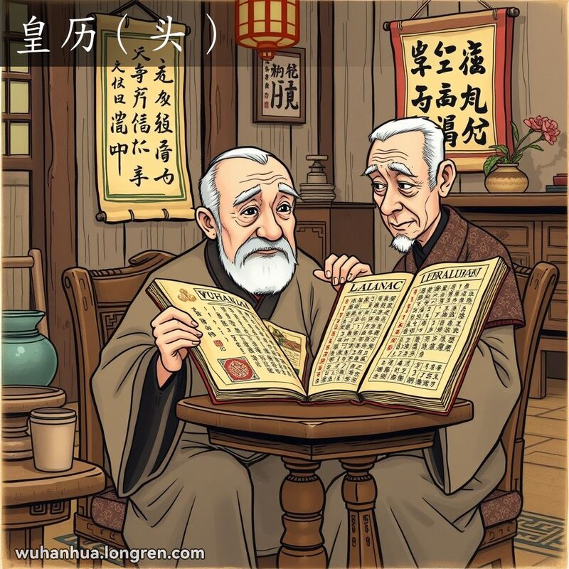 一位武汉老人坐在古色古香的房间里，手持黄历专注翻阅，背景是传统中式家具和装饰