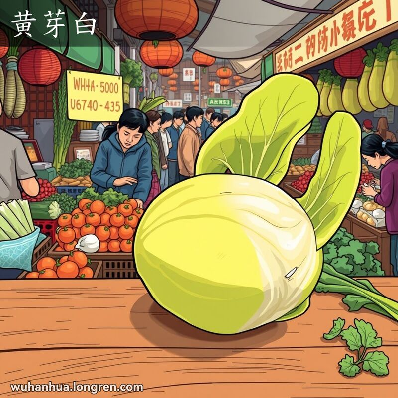 武汉传统市场上的大白菜，叶片薄大，心叶白色，叶柄宽大，两侧有叶翼。