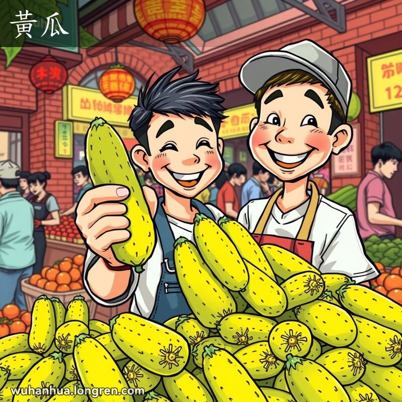 武汉市场上，摊主手持黄瓜，面带微笑，背景是繁忙的市场和各种蔬菜水果。