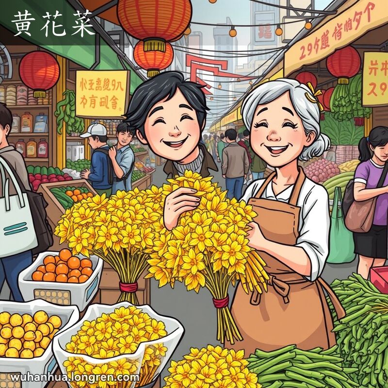 武汉市场摊位上展示黄花菜，摊贩微笑着手持一束黄花菜，背景有其他摊位和顾客