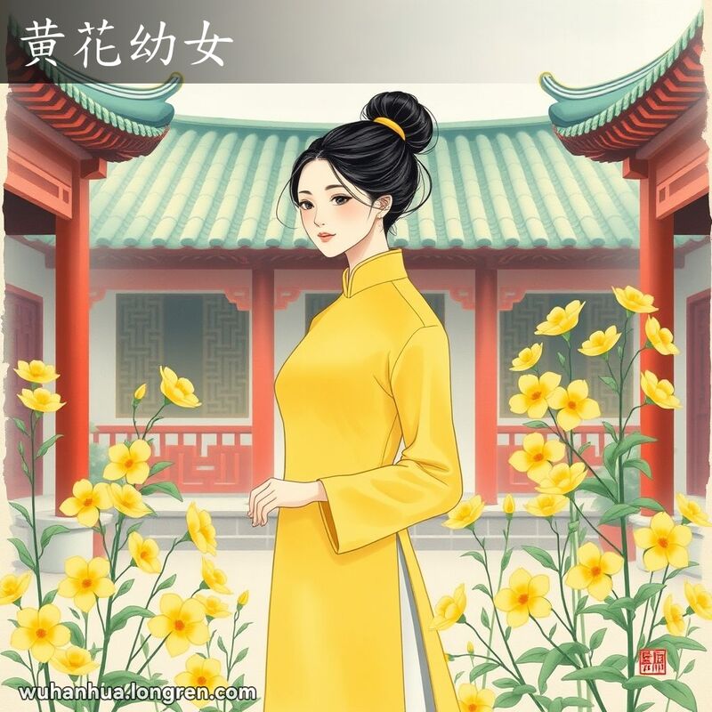 一位身穿旗袍的年轻女子站在传统中式庭院中，周围盛开黄花，背景是古典建筑，画面宁静怀旧。