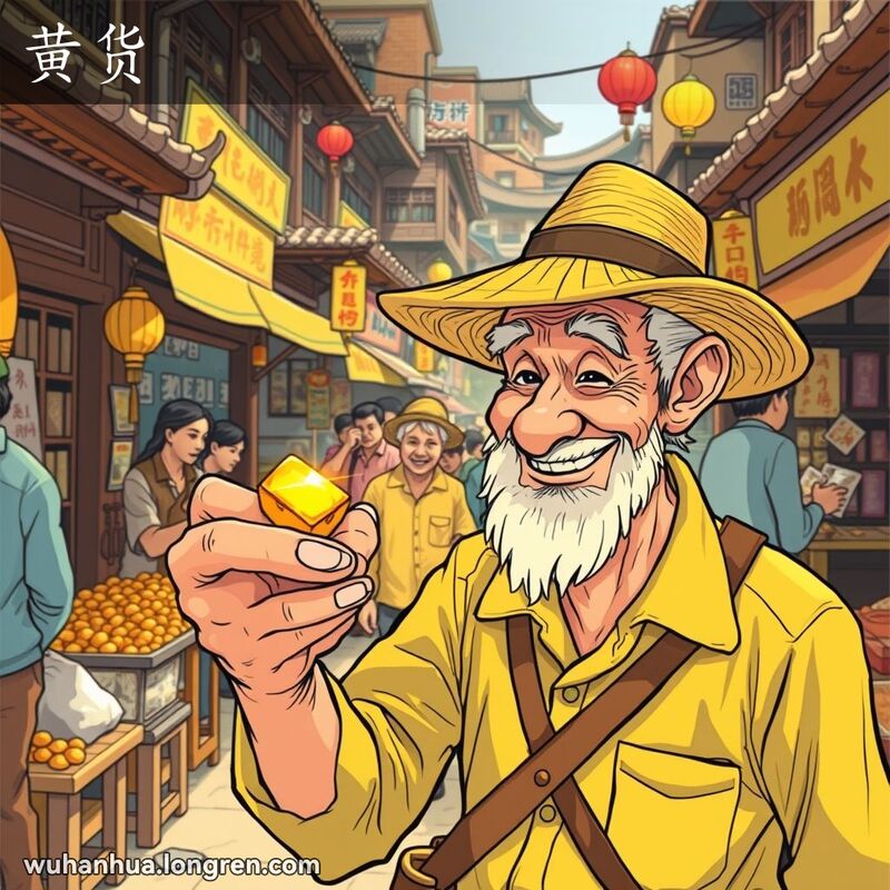 武汉老市场中，一位老人手持金块，满意地微笑，背景有其他摊贩叫卖商品。