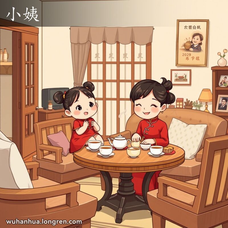 一个小女孩坐在姨妈腿上的温馨家庭聚会场景，背景是武汉家庭客厅。