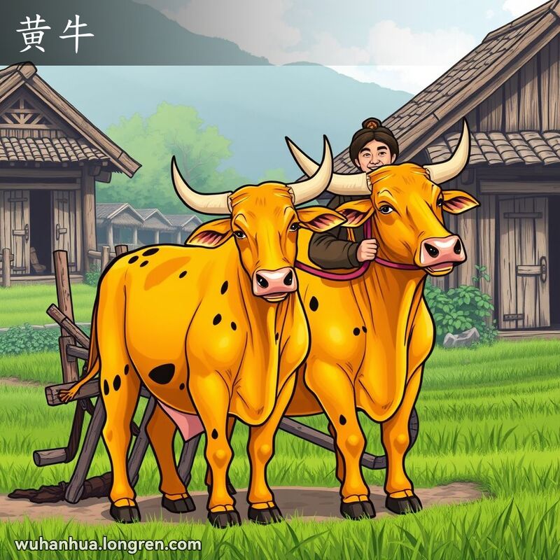 一位武汉农民站在田间，身旁是一头健壮的黄牛，黄牛被拴在木犁上，准备进行农田耕作，背景是绿油油的田野和简陋的木质农舍。