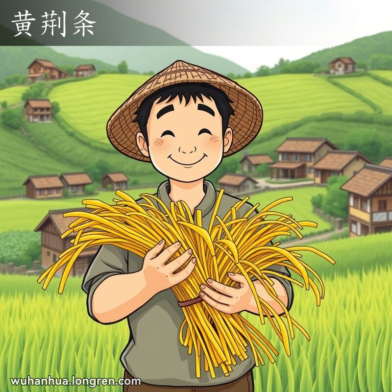 一位武汉农民手持黄荆条站在田野中，背景是绿油油的田野和传统农舍