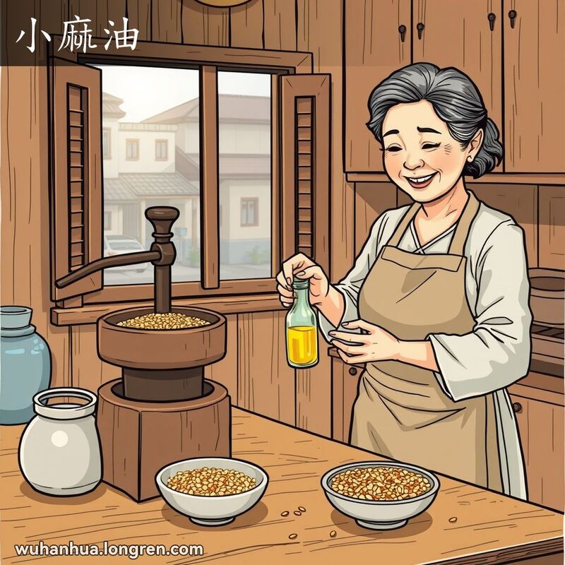 一位中年妇女在传统厨房中用油压机压榨芝麻油，背景是武汉街景