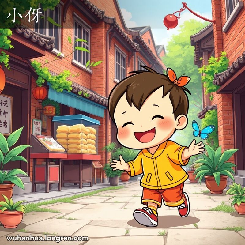 一个小孩在武汉老街区玩耍，背景有红砖墙和小摊贩