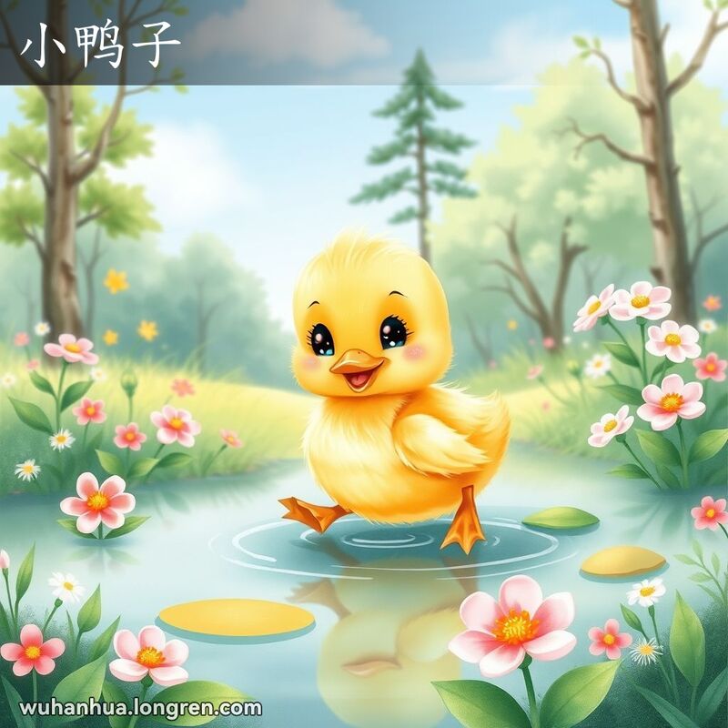 一只小鸭子在池塘中游动，周围是绿树和花朵，背景是宁静的自然景观。