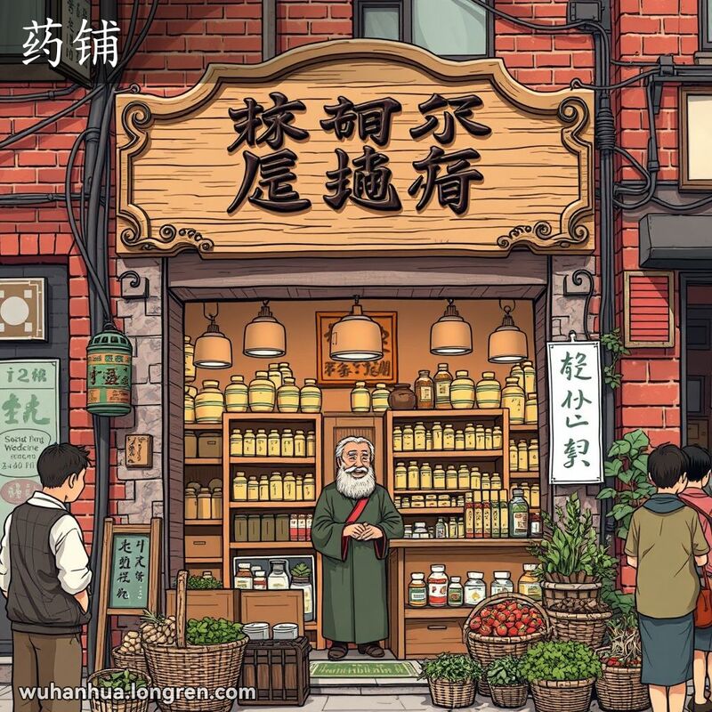 一条繁忙的武汉老街，街道两旁是红砖墙和老式招牌。一家传统的中药铺门口悬挂着一块精雕细琢的木质招牌，药铺内，一位穿着传统中式服装的老店主站在柜台后，周围是堆满各种草药、根茎和传统药罐的货架。药铺外，几位顾客正在浏览摆放在篮子里的草药。