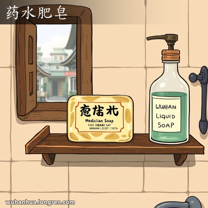 复古洗手间场景，展示药皂和液体皂，背景是老式洗手池和武汉街景