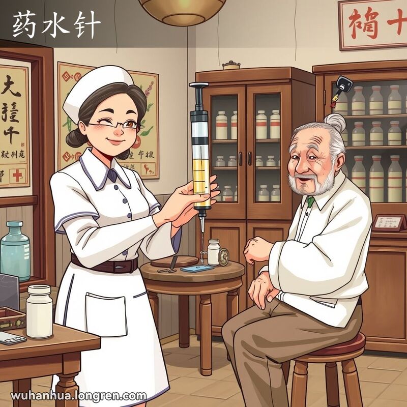 一位中年护士在怀旧的武汉诊所中，手持大型旧式注射器准备为老年病人注射药液，背景有医疗工具和药剂瓶