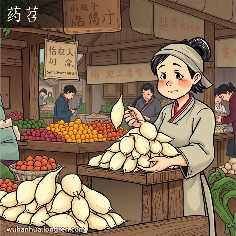 一位武汉妇女在农贸市场摊位前检查有苦味的白薯，背景是传统的木质摊位和各种蔬菜