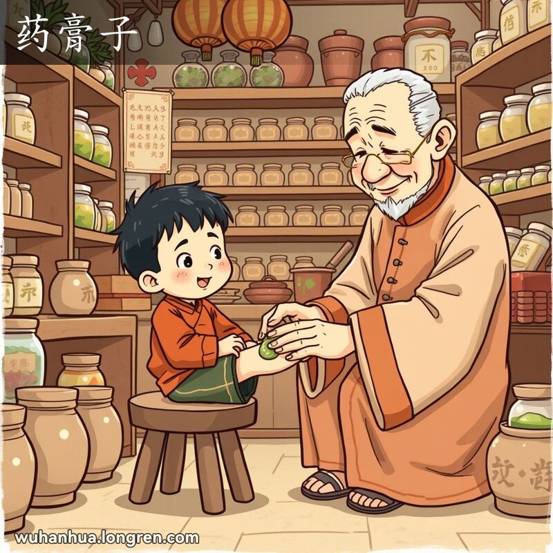 小男孩在中药店里，老中医正在为他涂抹药膏，背景是药店内景