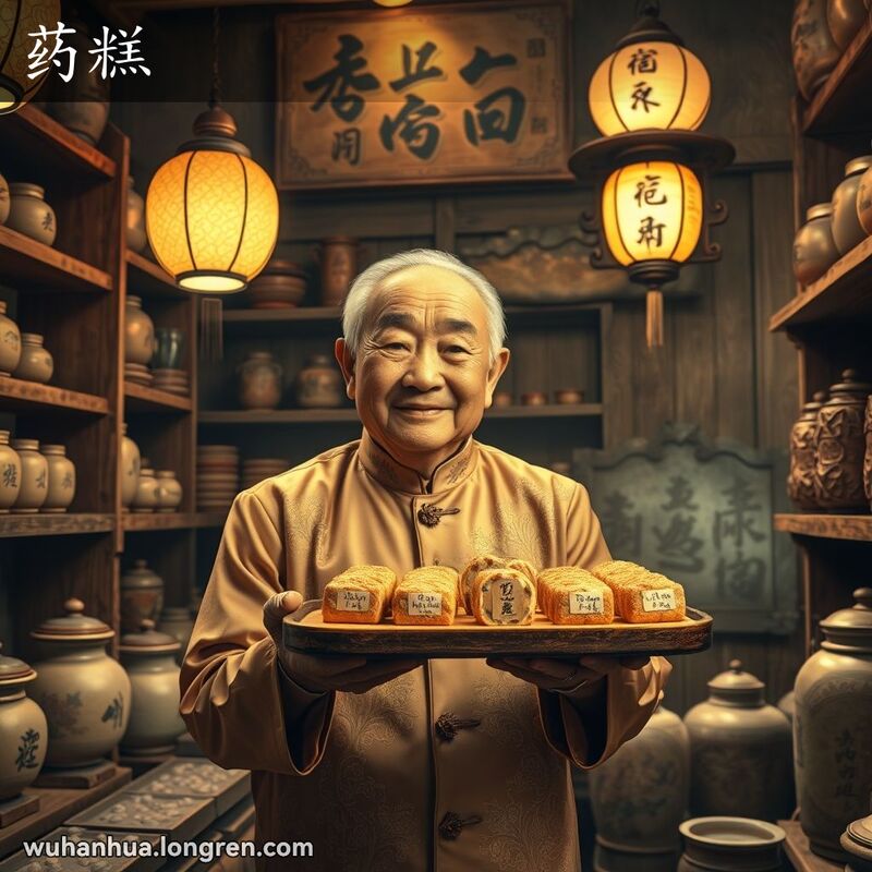 一家传统中药店，老店主手持药糕，背景有中药罐和书法招牌