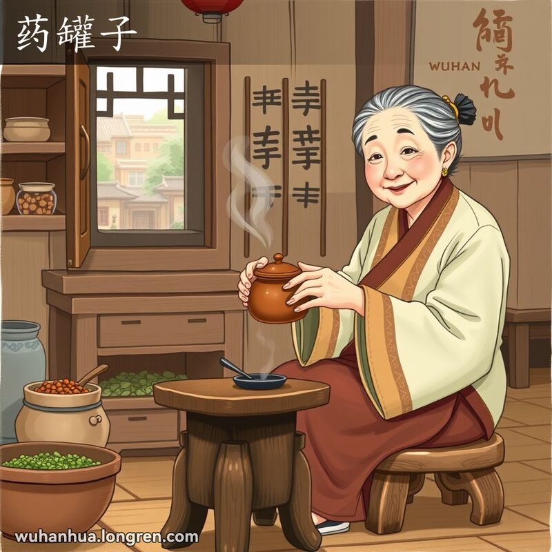 一位武汉老妇人坐在厨房木凳上，手持熬中药的小瓦罐，背景是装满草药的木柜和武汉传统巷子。