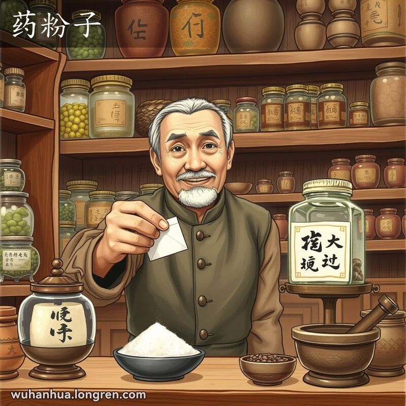 一位和蔼的老店主在武汉中药店内倒药粉入纸袋，背景有传统中药罐和药臼