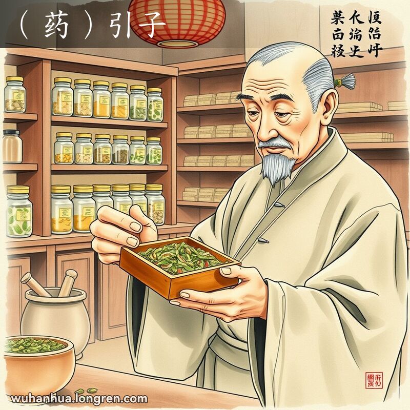 一位中药师在传统中药店内，手持小木箱，专注地挑选草药，背景有草药罐子和研磨工具
