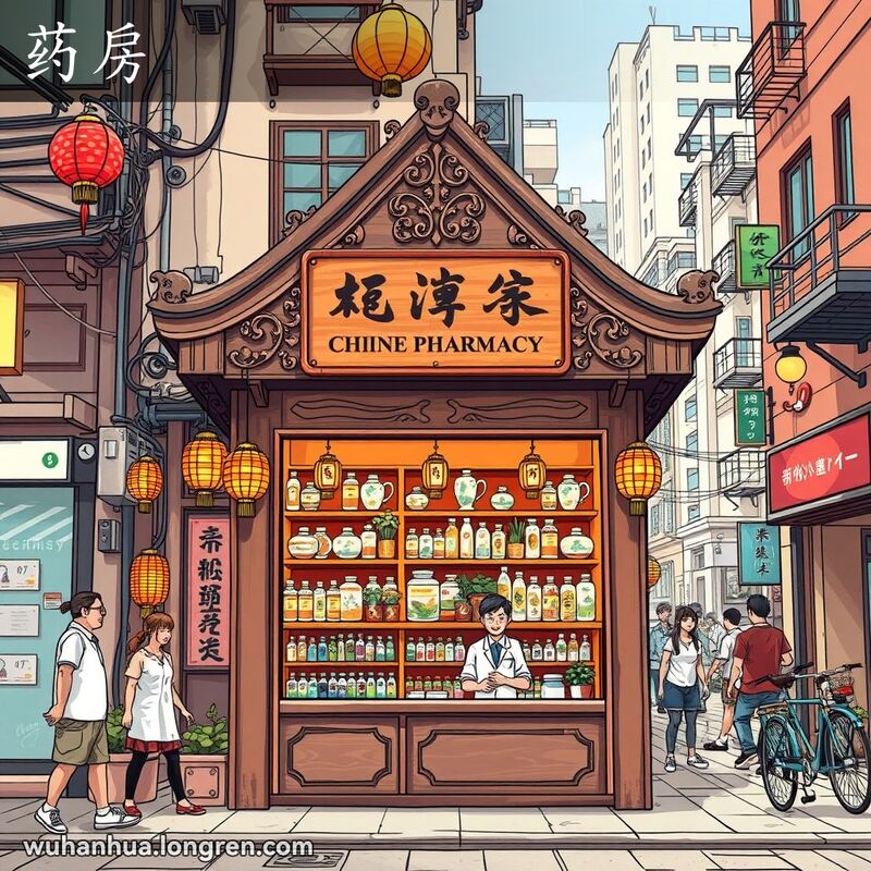 武汉街头一家传统中药房，药剂师站在柜台后方，背景有行人和自行车