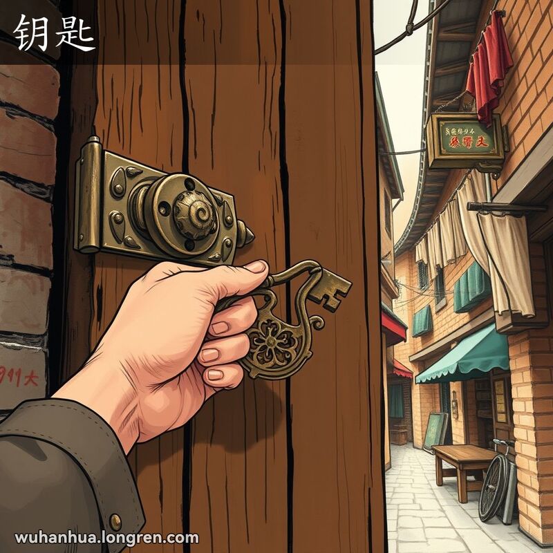 一只手拿着古老的钥匙准备插入传统武汉风格的木门锁孔，背景是武汉的老巷子。