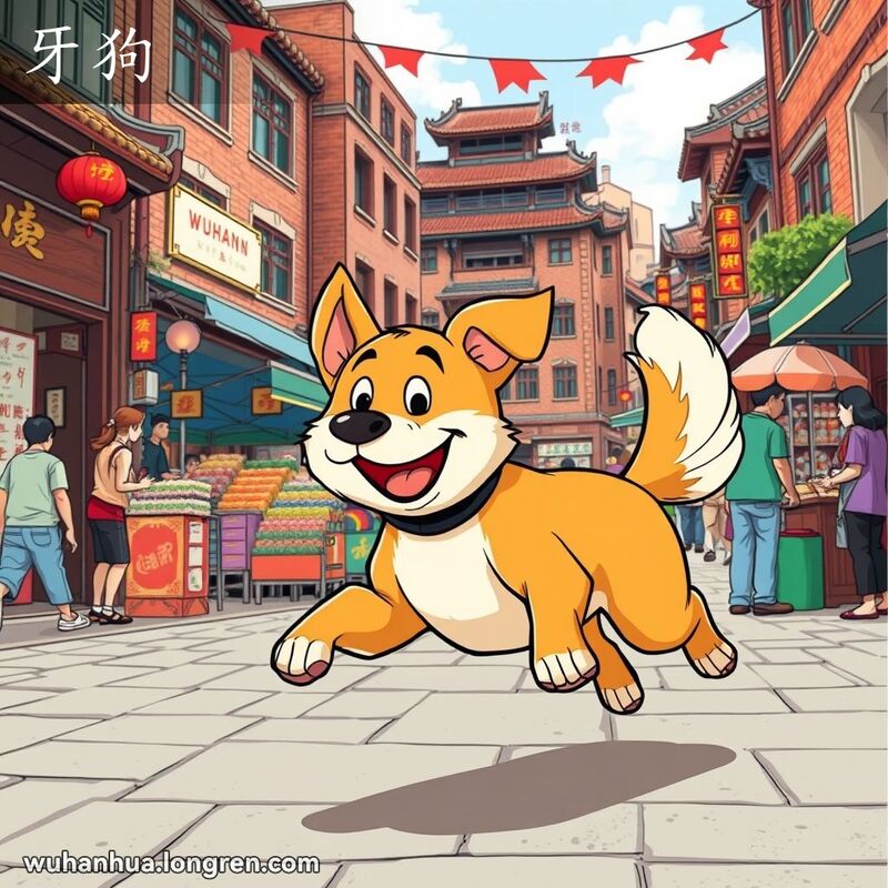一条活泼的公狗在武汉街头奔跑，背景是传统街景和热闹的市场