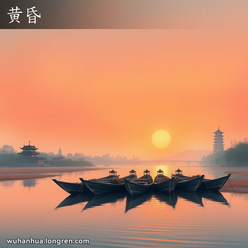 武汉黄昏时分的宁静景象，夕阳洒在地平线上，天空呈现橙色和粉色的渐变，河流倒映着霞光，木船停靠在岸边，背景有老建筑和黄鹤楼的剪影。